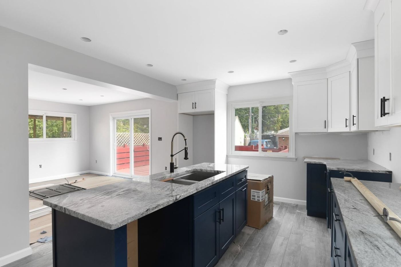 Kitchen with a navy center island
